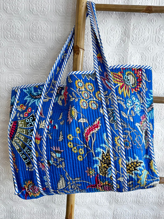 Quilted Cotton Handprint Blue Tribal Boho Garden Tote Bag