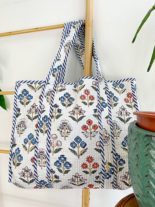 Quilted Cotton Handprint White with blue orange small flowers