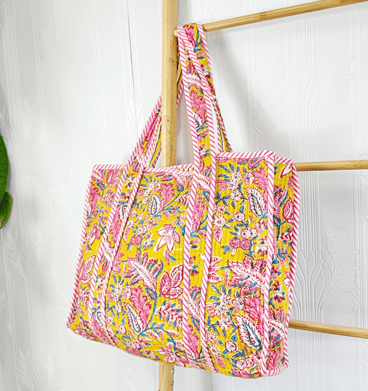 Quilted Cotton Handprint Yellow with pink