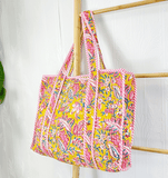 Quilted Cotton Handprint Yellow with pink