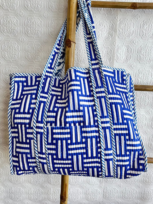 Quilted Cotton Handprint Blue white checks