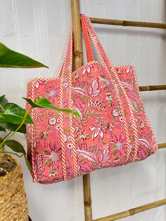 Quilted Cotton Handprint Orange Pink Floral