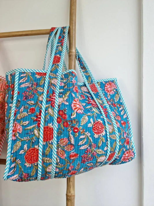 Quilted Cotton Handprint Blue with red flowers