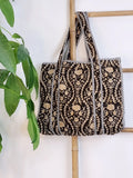 Quilted Cotton Handprint Black with beige design