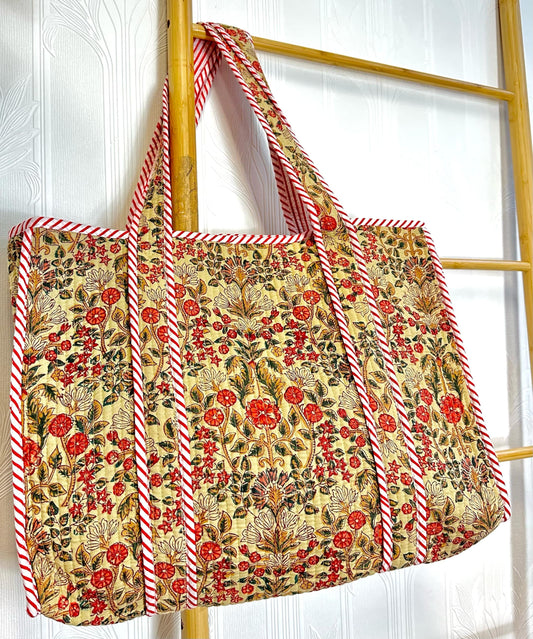 Quilted Cotton Handprint Beige small flora