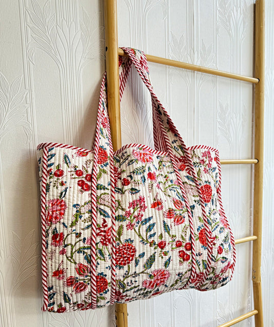 Quilted Cotton Handprint White red blue