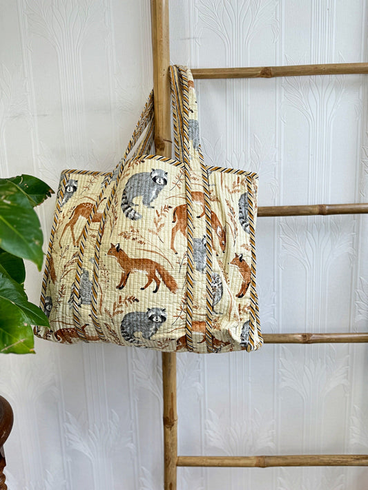 Quilted Cotton Handprint Autumn Woodlands Fox Owl Sloth Deer