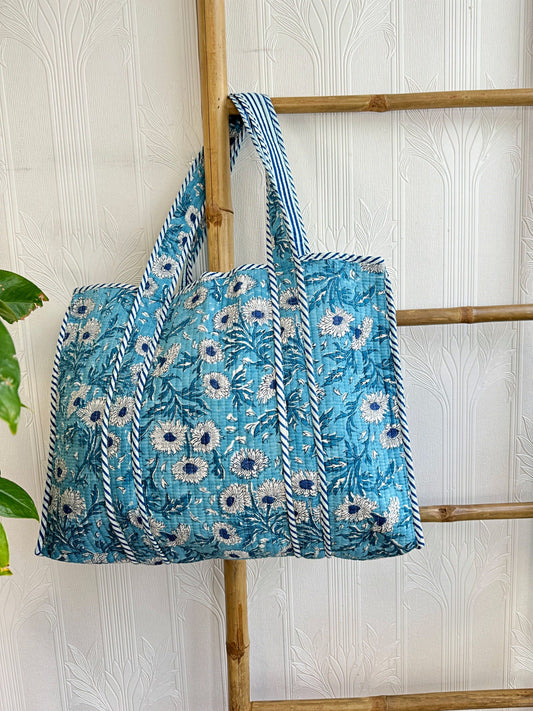 Quilted Cotton Handprint Blue with white flowers