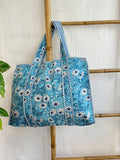 Quilted Cotton Handprint Blue with white flowers