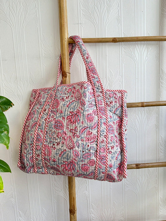 Quilted Cotton Handprint Pink White Grey Floral Tote Bag