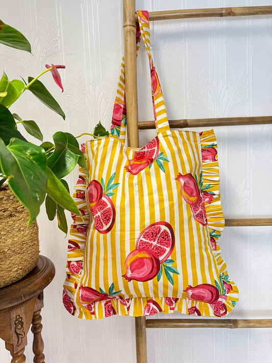 Cotton Handprint Yellow strip pomegranate