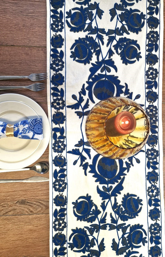 Bring your table to life with Suzani style blue motif