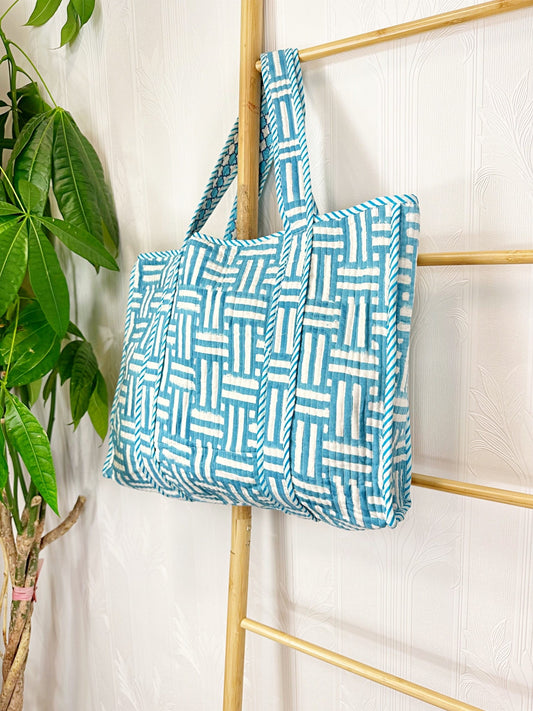 Quilted Cotton Handprint Light blue with checks