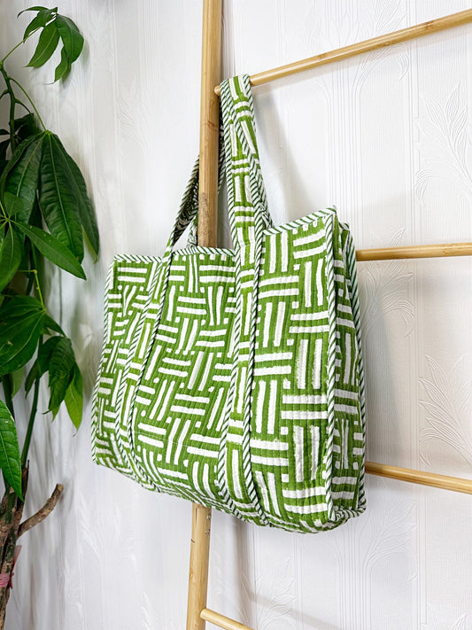 Quilted Cotton Handprint Green white checks