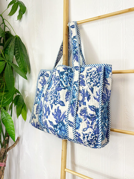 Quilted Cotton Handprint Navy blue flowers