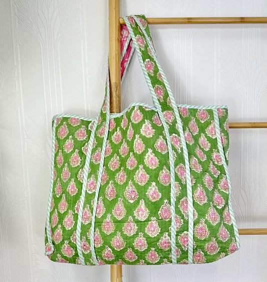 Quilted Cotton Handprint Green with popular pink motif