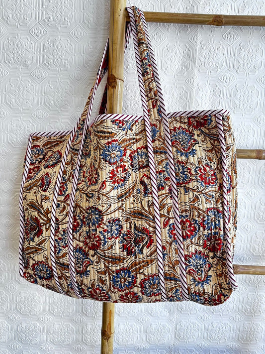 Quilted Cotton Handprint Beige with red blue