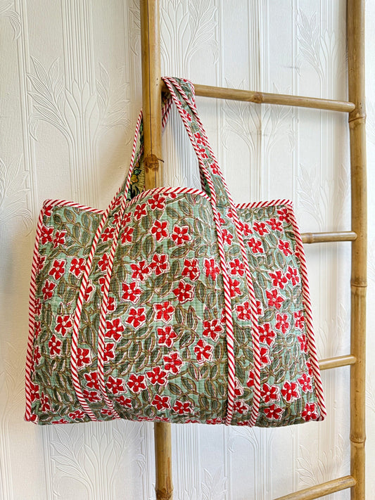 Quilted Cotton Handprint Green small red flowers