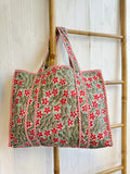 Quilted Cotton Handprint Green small red flowers