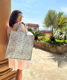 Zipper Large Box Tote Bag Quilted Cotton Handprint Blue with motif