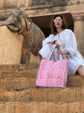 Zipper Large Box Tote Bag Quilted Cotton Handprint Pink with grey stripe