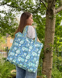 Zipper Large Box Tote Bag Quilted Cotton Handprint Green blue