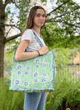 Zipper Large Box Tote Bag Quilted Cotton Handprint Green with blue flora stripe