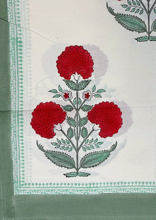 Large Table Handblock Printed Cotton Spring Summer Floral Table Cover | White, Hot Red, Green