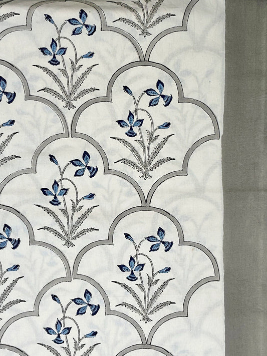 Large Table Handblock Printed Cotton Spring Summer Floral Table Cover | Classic White, Grey, Deep Blue