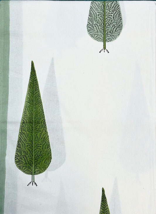 Large Table Handblock Printed Cotton Spring Summer Floral Table Cover | Modern White, Forest Green