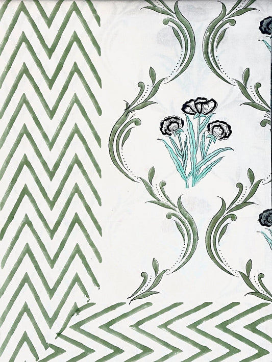 Large Table Handblock Printed Cotton Spring Summer Floral Table Cover | Paper White, Dull Green, Black
