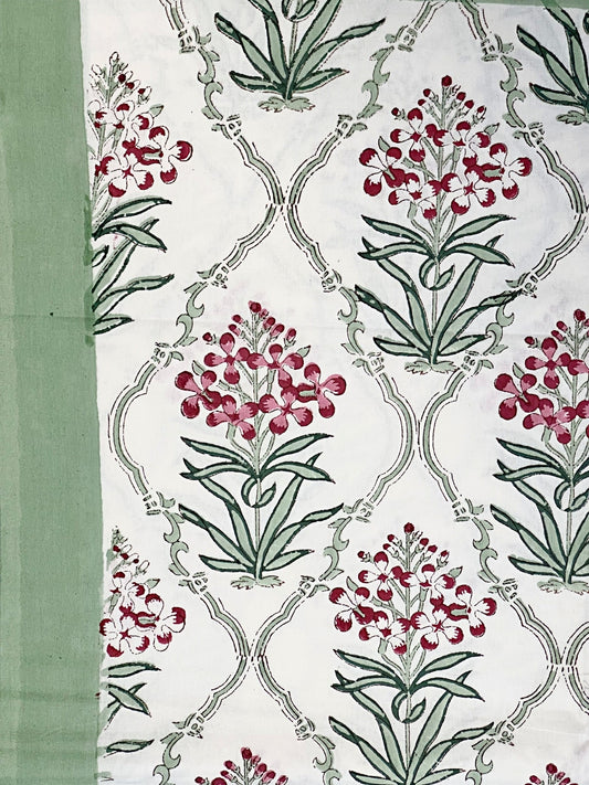 Large Table Handblock Printed Cotton Spring Summer Floral Table Cover | Cloud White, Camouflage Green, Maroon
