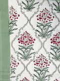 Large Table Handblock Printed Cotton Spring Summer Floral Table Cover | Cloud White, Camouflage Green, Maroon