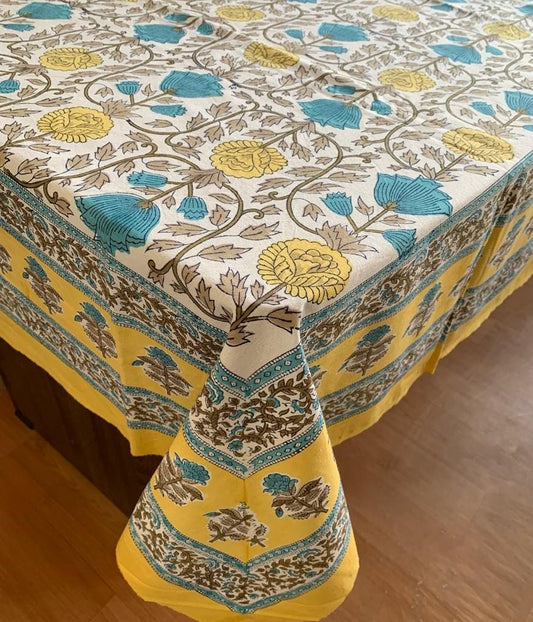 Large Table Handblock Printed Cotton Spring Summer Floral Table Cover | Light Mustard Yellow
