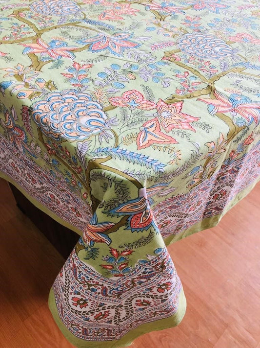 Large Table Handblock Printed Cotton Spring Summer Floral Table Cover | Light Pastel Green