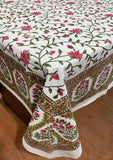 Large Table Handblock Printed Cotton Spring Summer Floral Table Cover | Eye Catching White, Bright Hot Pink