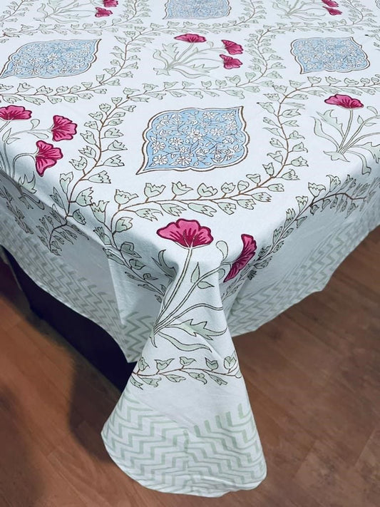 Large Table Handblock Printed Cotton Spring Summer Floral Table Cover | Royal White