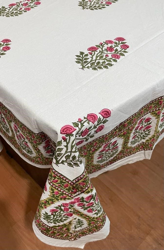 Large Table Handblock Printed Cotton Spring Summer Floral Table Cover | Cream with Brown, Pink