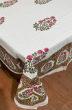 Large Table Handblock Printed Cotton Spring Summer Floral Table Cover | Cream with Brown, Pink