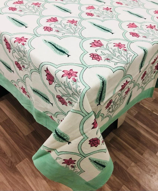 Large Table Handblock Printed Cotton Spring Summer Floral Table Cover | Classic Beige