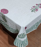 Large Table Handblock Printed Cotton Spring Summer Floral Table Cover | White, Dark Green