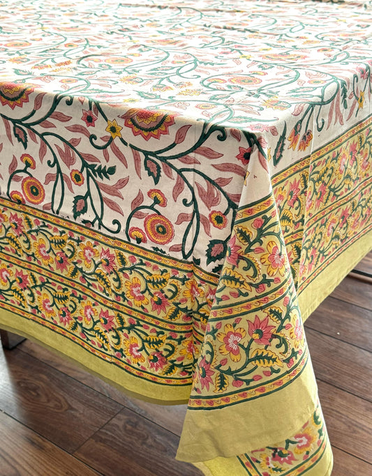 Large Table Handblock Printed Cotton Spring Summer Floral Table Cover | Bright White, Pastel Yellow, Orange, Pink