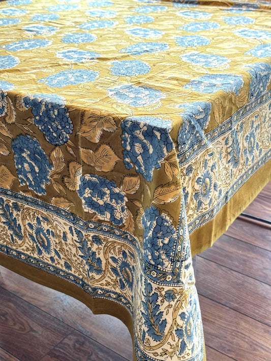 Large Table Handblock Printed Cotton Spring Summer Floral Table Cover | Golden with Yale Blue