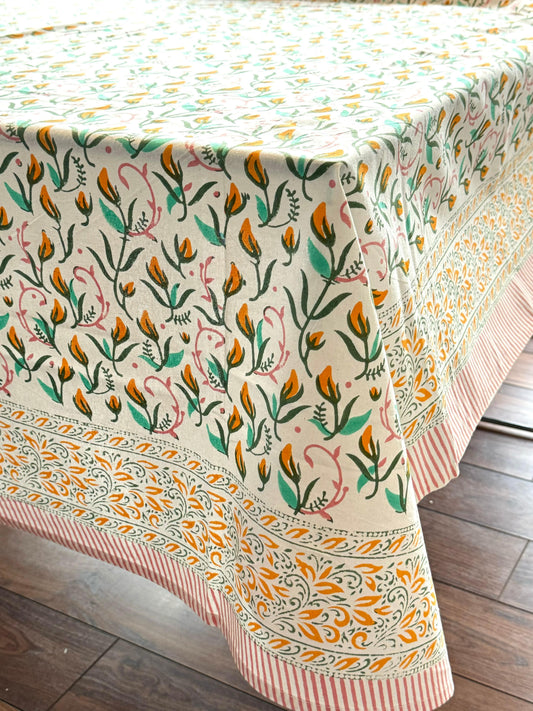 Large Table Handblock Printed Cotton Spring Summer Floral Table Cover | Cream, Yellow, Tiffany Blue