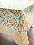 Large Table Handblock Printed Cotton Spring Summer Floral Table Cover | Cream, Yellow, Tiffany Blue