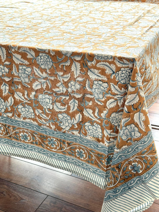 Large Table Handblock Printed Cotton Spring Summer Floral Table Cover | Ginger Orange, Steal Blue