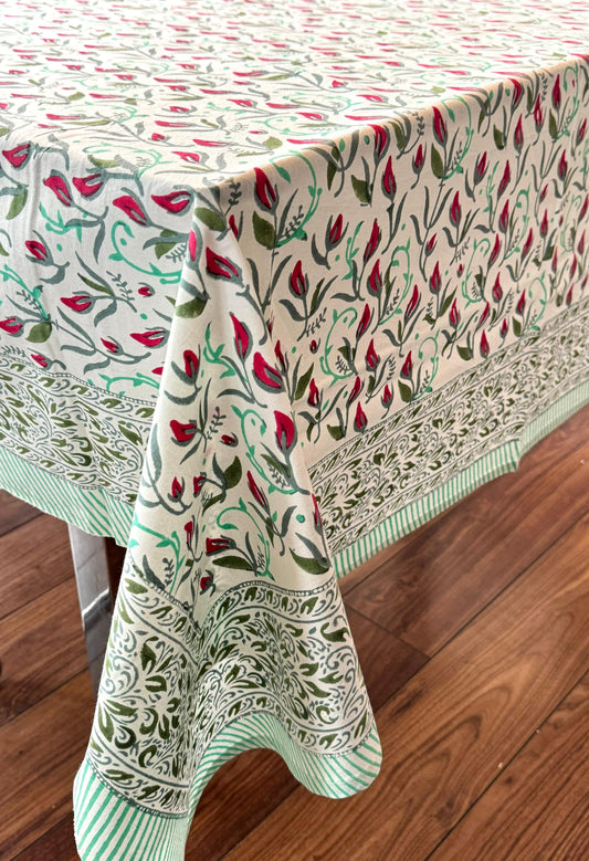 Large Table Handblock Printed Cotton Spring Summer Floral Table Cover | Cream, Classic Red, Dark Green