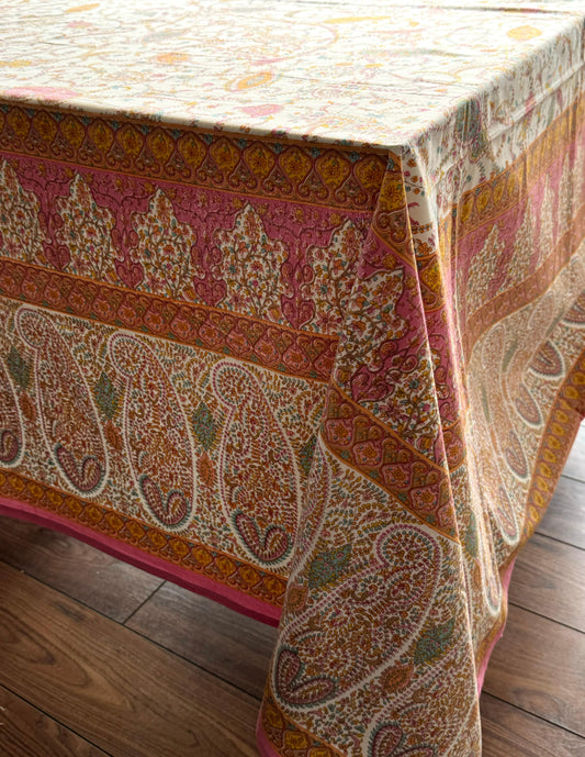 Large Table Handblock Printed Cotton Spring Summer Floral Table Cover | Cream, Pink, Bronze, Ginger, Teal