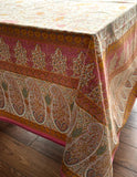 Large Table Handblock Printed Cotton Spring Summer Floral Table Cover | Cream, Pink, Bronze, Ginger, Teal