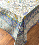Large Table Handblock Printed Cotton Spring Summer Floral Table Cover | Cream, Blue, Mustard